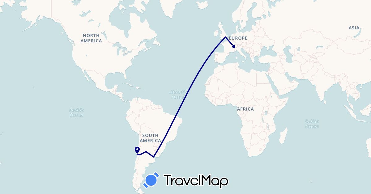 TravelMap itinerary: driving in Argentina, Switzerland, Chile, United Kingdom (Europe, South America)
